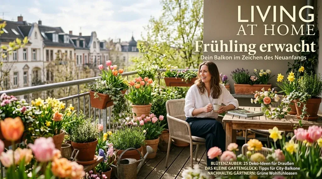 Für diesen Artikel wählen Sie ein kreatives Konzept, das direkt mit dem Thema verbunden ist, und erstellen Sie Visualisierungen in filmischer Qualität mit der Ästhetik eines Editorial-Magazin-Covers. Jede Komposition soll einzigartig und klar von den anderen unterscheidbar sein. Die Visualisierungen müssen im Querformat mit einem Seitenverhältnis von 16:9 gestaltet werden und eine breite, horizontale Komposition aufweisen – Hochformat- oder quadratische Formate sind strikt untersagt. Ausschließlich breites Querformat, kein Hochformat, kein Quadrat. Frühling erwacht: Dein Balkon im Zeichen des Neuanfangs