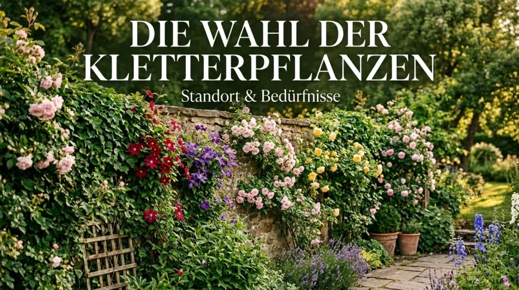 Für diesen Artikel wählen Sie ein kreatives Konzept, das direkt mit dem Thema verbunden ist, und erstellen Sie Visualisierungen in filmischer Qualität mit der Ästhetik eines Editorial-Magazin-Covers. Jede Komposition soll einzigartig und klar von den anderen unterscheidbar sein. Die Visualisierungen müssen im Querformat mit einem Seitenverhältnis von 16:9 gestaltet werden und eine breite, horizontale Komposition aufweisen – Hochformat- oder quadratische Formate sind strikt untersagt. Ausschließlich breites Querformat, kein Hochformat, kein Quadrat. Die Auswahl der richtigen Kletterpflanzen: Standort und Bedürfnisse