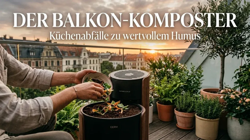 Für diesen Artikel wählen Sie ein kreatives Konzept, das direkt mit dem Thema verbunden ist, und erstellen Sie Visualisierungen in filmischer Qualität mit der Ästhetik eines Editorial-Magazin-Covers. Jede Komposition soll einzigartig und klar von den anderen unterscheidbar sein. Die Visualisierungen müssen im Querformat mit einem Seitenverhältnis von 16:9 gestaltet werden und eine breite, horizontale Komposition aufweisen – Hochformat- oder quadratische Formate sind strikt untersagt. Ausschließlich breites Querformat, kein Hochformat, kein Quadrat. Der Balkon-Komposter: Wie Sie Küchenabfälle in wertvollen Humus verwandeln