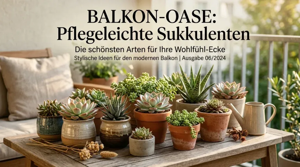 Für diesen Artikel wählen Sie ein kreatives Konzept, das direkt mit dem Thema verbunden ist, und erstellen Sie Visualisierungen in filmischer Qualität mit der Ästhetik eines Editorial-Magazin-Covers. Jede Komposition soll einzigartig und klar von den anderen unterscheidbar sein. Die Visualisierungen müssen im Querformat mit einem Seitenverhältnis von 16:9 gestaltet werden und eine breite, horizontale Komposition aufweisen – Hochformat- oder quadratische Formate sind strikt untersagt. Ausschließlich breites Querformat, kein Hochformat, kein Quadrat. Die erste Auswahl: Pflegeleichte Sukkulentenarten für Ihren Balkon
